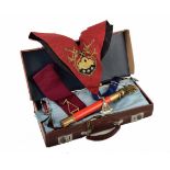 A small collection of Freemason regalia contained within a hard leather case and comprises several