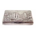 Silver castle-top snuff box by Nathaniel Mills, cover chased with Kenilworth house, base and sides