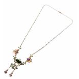 Victorian green tourmaline, pink topaz, pearl and diamond set enamelled pendant necklace in the