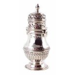 Silver sugar shaker, round bellied body with fluted decoration and reeded girdle, pierced-decoration