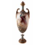 Hadley's Worcester twin handled lidded vase, painted with a peacock, printed marks to base, 40cm