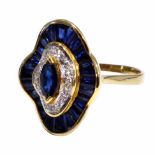 18ct yellow gold sapphire and diamond ring, marquise and tapered baguette sapphires, brilliant cut