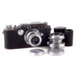 Leica IIIC camera circa 1943 serial number 390117, with black enamel finish, fitted with Leitz Elmar