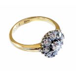 Diamond flower head cluster ring, 18ct yellow gold shank, a total of 9 round old cut diamonds, total