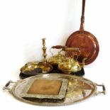 Oval plated tray, mixed brass and copper warming pan. Unfortunately we cannot do condition reports