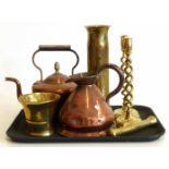 Trench Art shell, pair of barley-twist brass candlesticks, copper kettle with acorn finial, copper