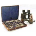 Cased set drawing instruments and paid Karl Muller binoculars (Mercury 12 x 35). Unfortunately we