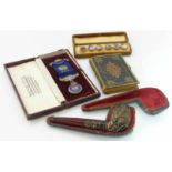 Silver Masonic medal, book of common, pryer cased pipe Unfortunately we cannot do condition
