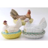 Three Staffordshire hen baskets, one being exceptionally unusual facing the opposite direction to