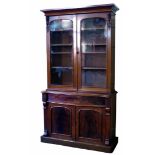 Victorian mahogany glazed bookcase on cupboard, top section with moulded cornice two arched glass