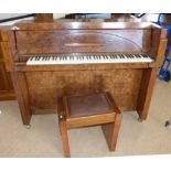 Art Deco Eavestaff "Minigrand" piano, overstrunf in figured walnut complete with piano stool
