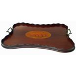 Edwardian mahogany and shell inlaid two handled tray 58cm x 41cm Unfortunately we cannot do