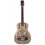 Dobro Steel string resonator guitar, serial number A8 595 94B, decorated with palm trees and a lake,