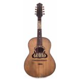 Mandolin, of flat back guitar shape with maple back and sides, scrollwork scratch plate, with