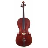 German cello, with two piece lightly flamed back and red brown varnish, length of back 76.5cm,