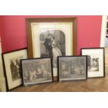 Large black and white engraving "The Black Brunswicker", two "Marriage A La Mode" engravings "Market