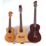 Three Ukuleles, to include a Brunswick baritone model BU4B with LEEM pickup, a Lani Tenor cutaway