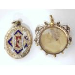 9ct gold enamelled initialled oval locket, together with a 9ct gold glazed picture pendant inset