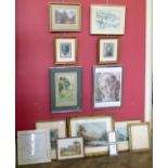 Goache river landscape together with a collection of mixed prints and picture frames.