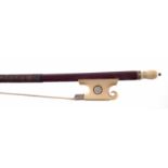 Violin bow, with scroll carved ivory frog set with abalone eye, fitted with ivory mounted tensioning