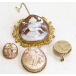 3 oval cameo brooches (one marked 9ct gold) and a 9ct gold cameo locket Unfortunately we are not