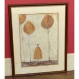 Framed 20th century gouache of stylised figure in trees holding dog lead, signature unclear.