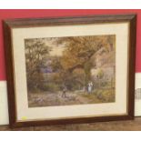 19th century oak framed warer colout depicting rural thatched cottage and children playing 63cm x