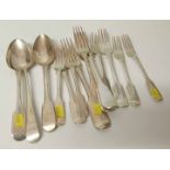 A quantity of silver flatware to include six silver salad forks, five dinner forks and three serving