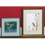 Alan Clark, 20th century, Kingfisher, watercolour painting, framed together with another, Fred