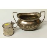 A silver mustard pot with blue glass lining together with two handled balister form bowl. Approx