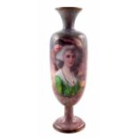 Enamel vase signed Carlo, decorated with a lady wearing a bonnet within a forest scene, late 19th