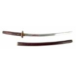 Chinese short sword, the 22.25inch 56.5cm blade with bronze guard decorated with potted plants,