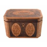 A late 19th century satinwood veneered hardwood tea caddy. With inlaid floral motifs. 12.5 x 19.5