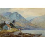 Arthur Suker (1857-1902), Highland loch scene with figure and croft, signed and dated 1877,