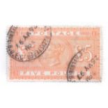 QV £5 orange stamp, letters DC with 1897 registered cancel.