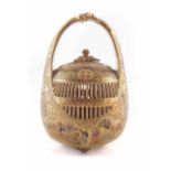 Japanese Satsuma cricket cage and cover , the pierced body painted with seated figures within richly