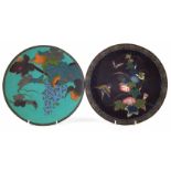 Two Japanese cloisonné chargers, one decorated with grapes and leaves, the other with birds and