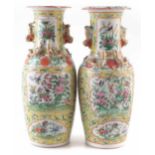 Pair of Chinese famille rose vases , with Dog of Fo handles, painted with birds and flowers within