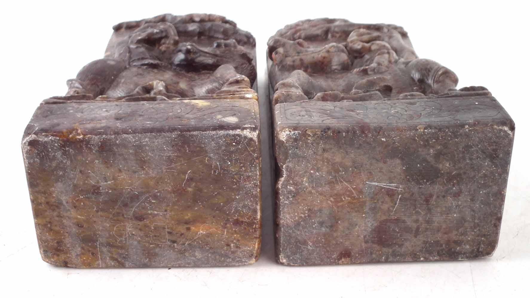 Pair of Chinese soap stone tablets or bookends, carved with boys playing flutes riding buffalos, - Image 4 of 4