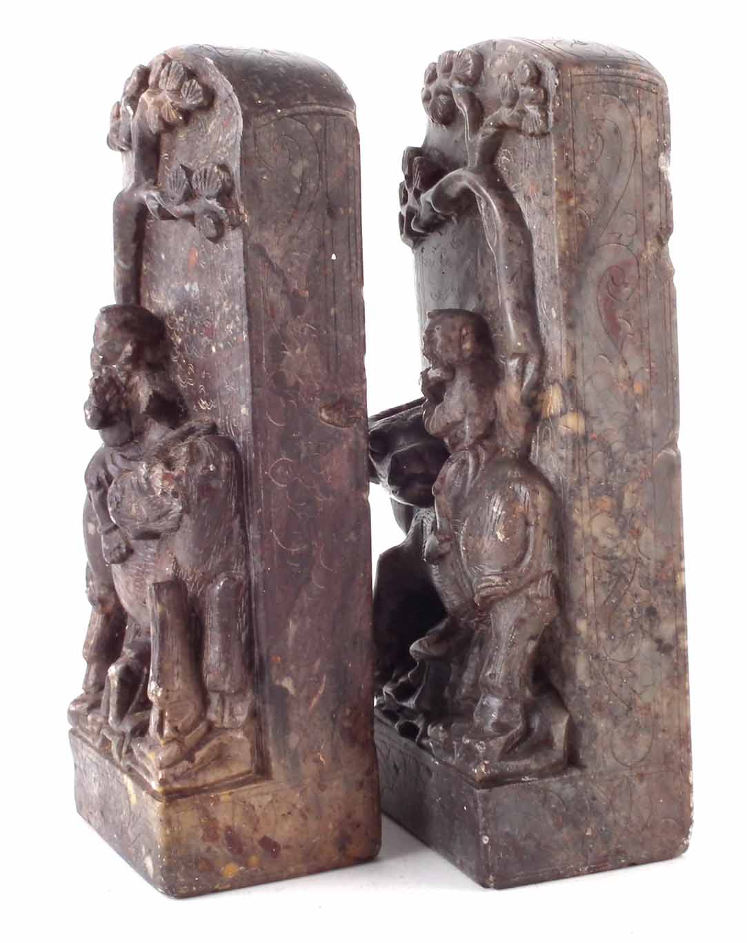 Pair of Chinese soap stone tablets or bookends, carved with boys playing flutes riding buffalos, - Image 2 of 4