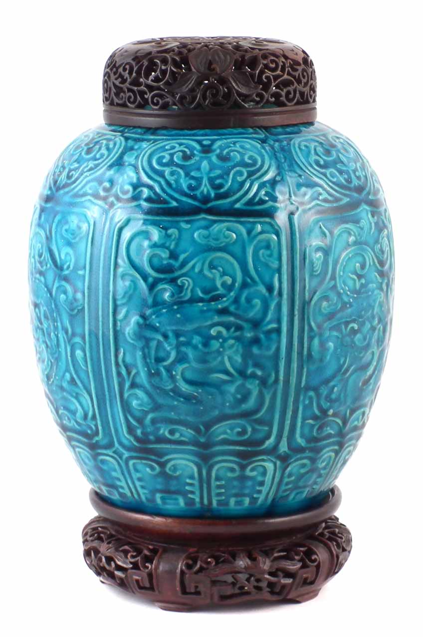 Chinese vase, the turquoise glazed body moulded with dragons and scrollwork, together with pierced