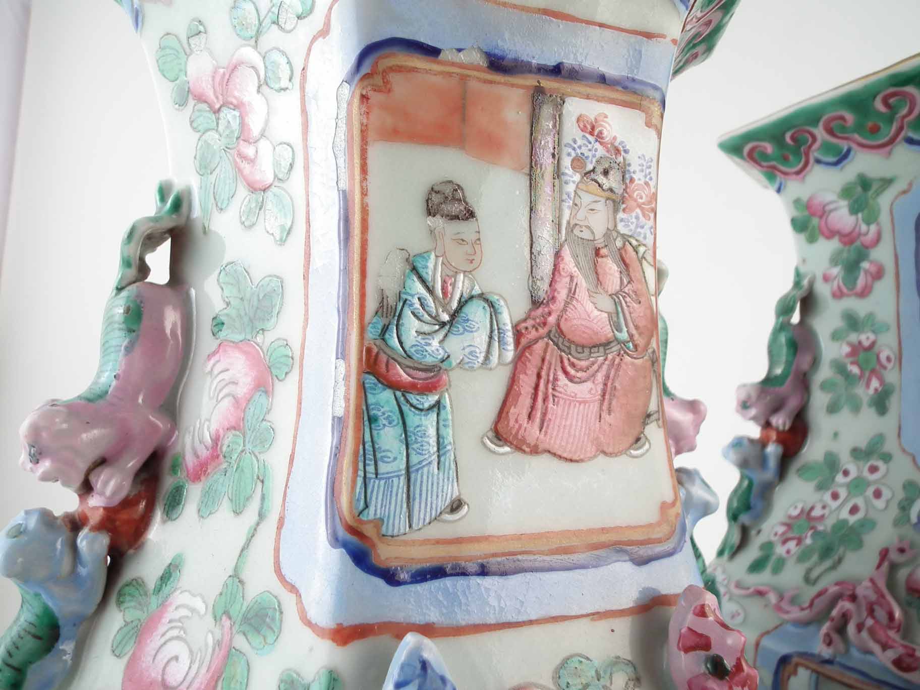 Pair of Cantonese hexagonal vases decorated with Chinese figures in interior scenes, applied dog and - Image 3 of 6