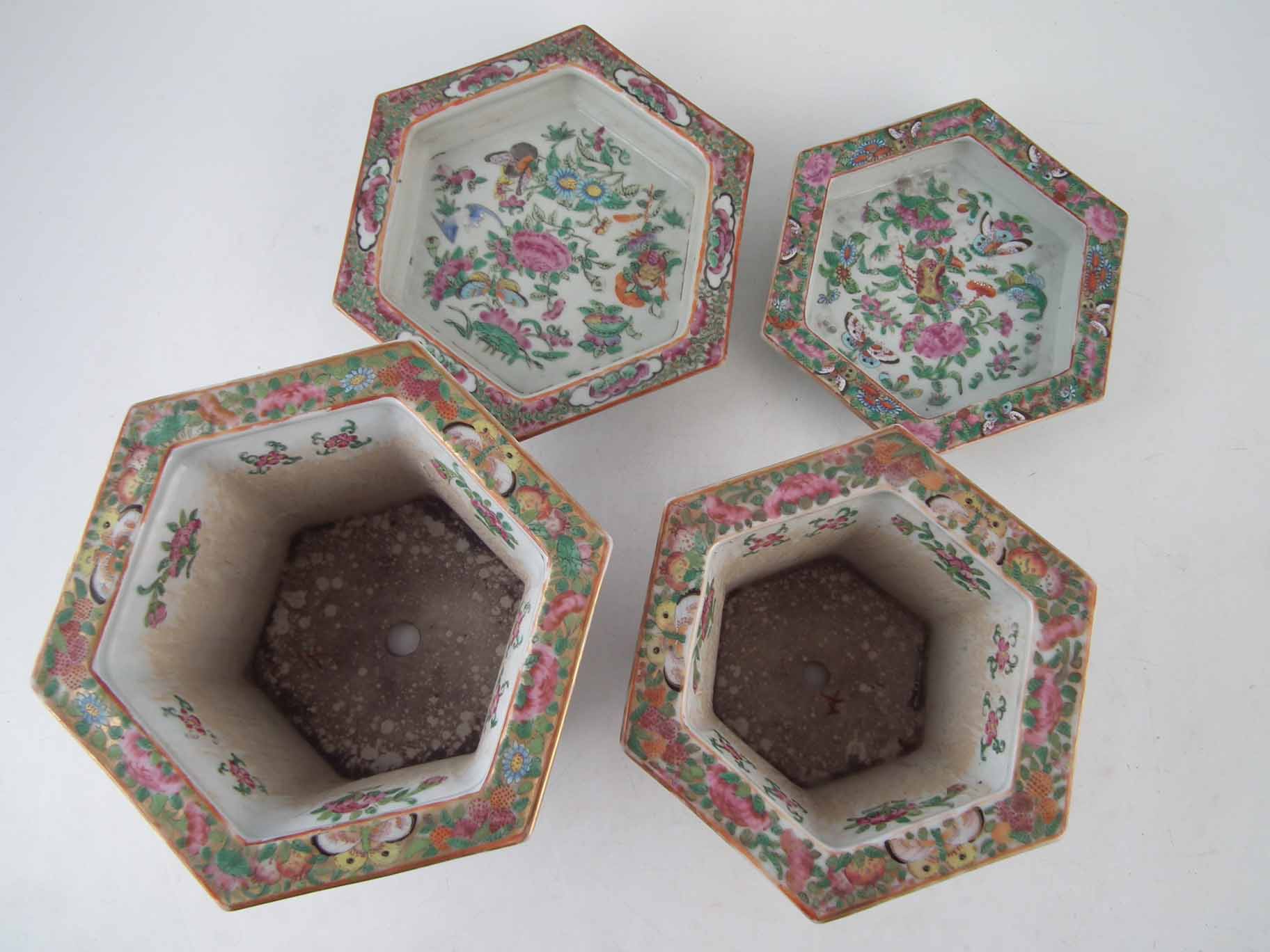 A pair of Cantonese jardinières and stands, of hexagonal form painted with Chinese ladies within - Image 2 of 5