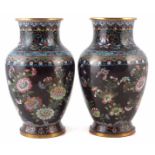 Pair of Japanese Cloisonné vases , decorated with birds and flora and scrollwork on a black