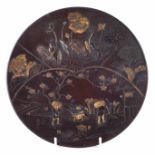 Japanese bronze and mixed metal charger, decorated with figures and stalks, Meiji period, late