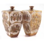 Pair of Japanese Satsuma vases , of square section painted with figures within gilt borders, Meiji