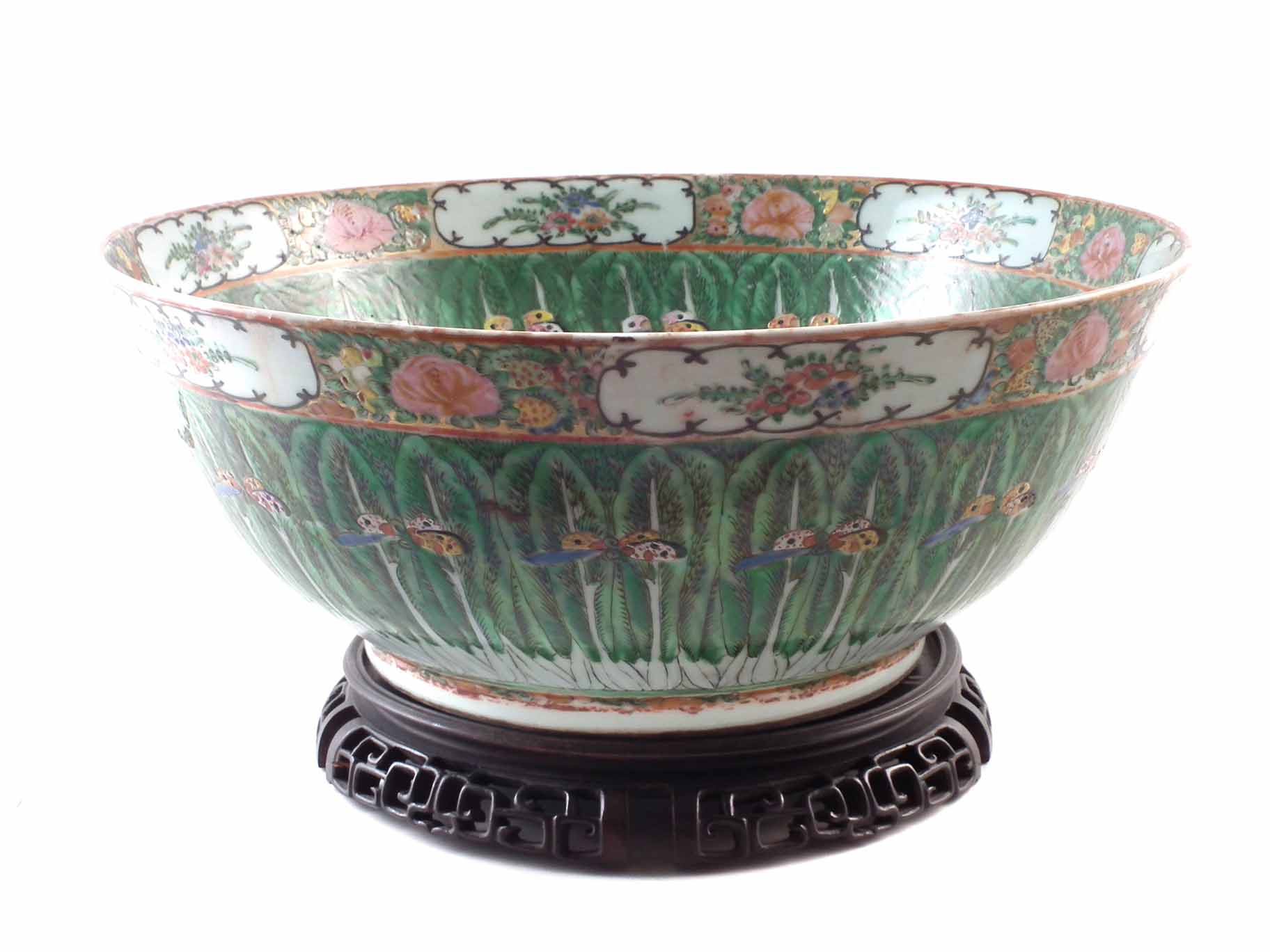 Chinese famille rose bowl, early 20th century, 'China' stamp to base, with wood stand, 40cm