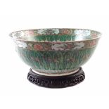 Chinese famille rose bowl, early 20th century, 'China' stamp to base, with wood stand, 40cm