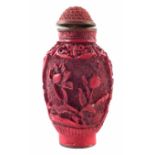 Composition (Cinnabar lookalike) snuff bottle. Height 6.3cm Condition report: stopper broken, very