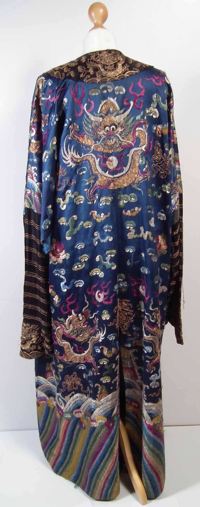 Chinese silk evening coat depicting dragons and mythical figures, 134cm overall length. Condition - Image 3 of 18